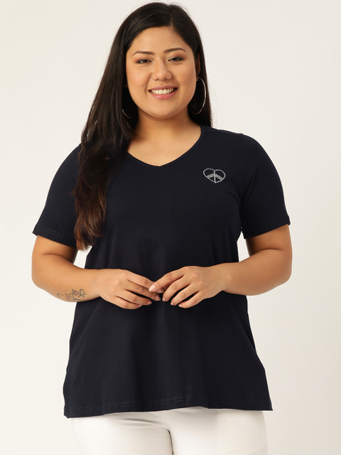 

Revolution Women Navy Blue Plus Size Solid V-Neck T-shirt