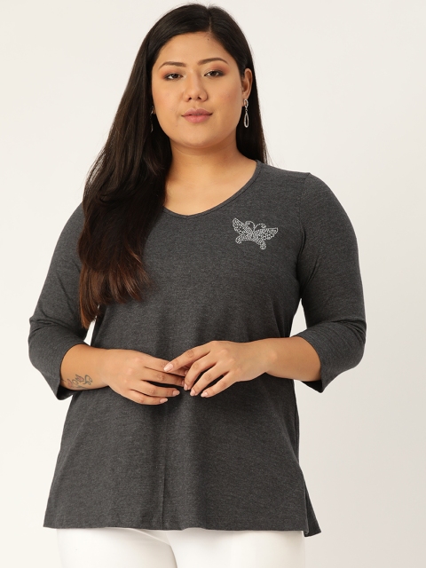 

Revolution Women Charcoal Grey Solid V-Neck Plus Size Pure Cotton T-shirt
