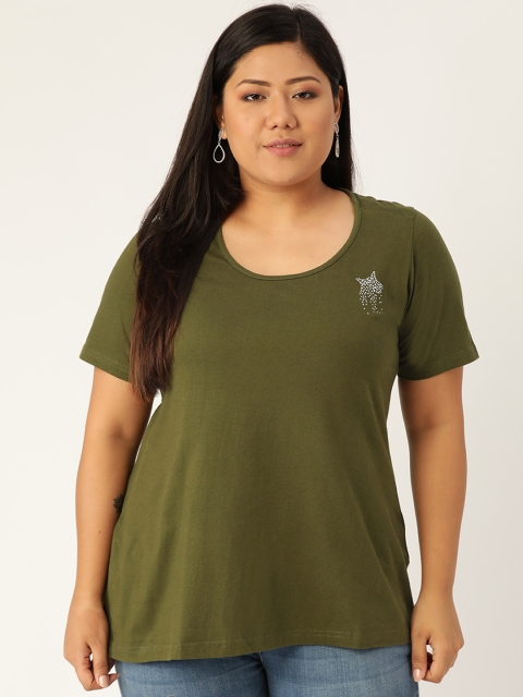 

Revolution Women Olive Green Solid Round Neck Plus Size Pure Cotton T-shirt