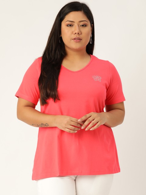 

Revolution Women Coral Pink Plus Size Solid V-Neck T-shirt
