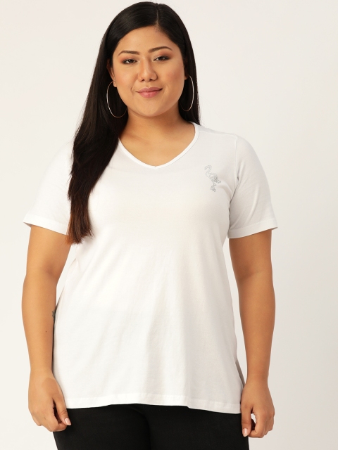 

Revolution Women White Solid V-Neck Plus Size T-shirt