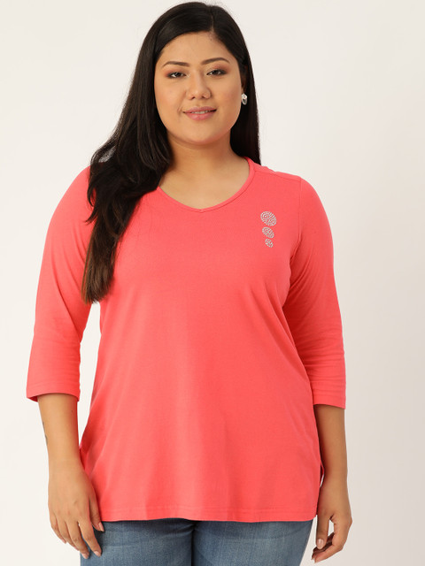 

Revolution Women Coral Pink Solid V-Neck Plus Size Pure Cotton T-shirt