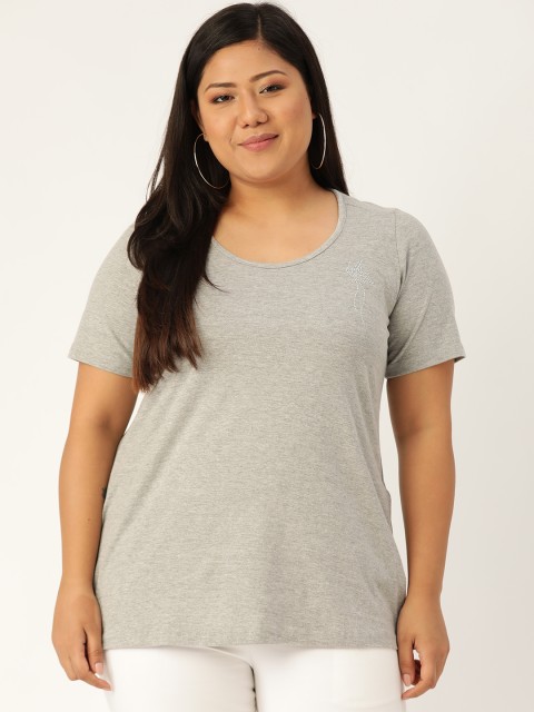 Revolution Women Grey Melange Solid Round Neck Plus Size Pure Cotton T-shirt