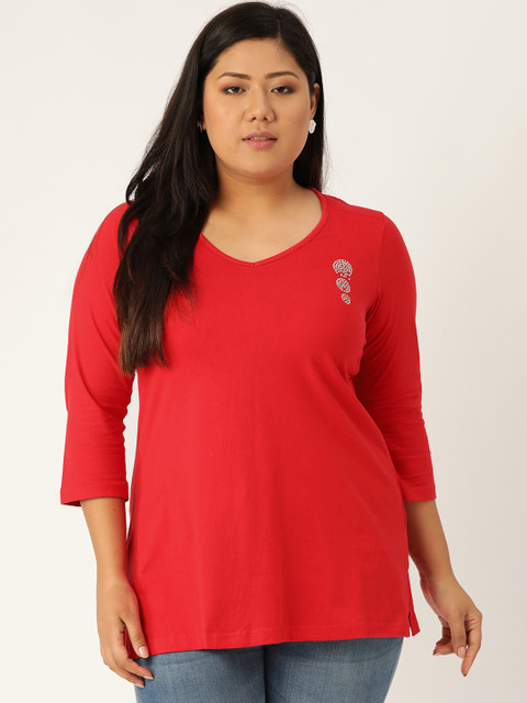 

Revolution Women Red Solid V-Neck Plus Size Pure Cotton T-shirt