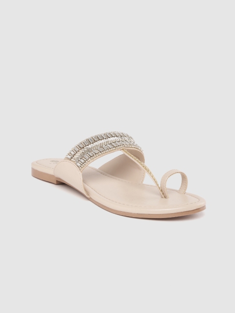 Women Beige & Gold-Toned Embellished One Toe Flats with Braided Detail