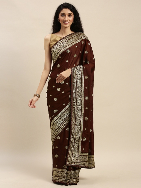 

Mitera Burgundy & Gold-Toned Poly Crepe Embroidered Saree