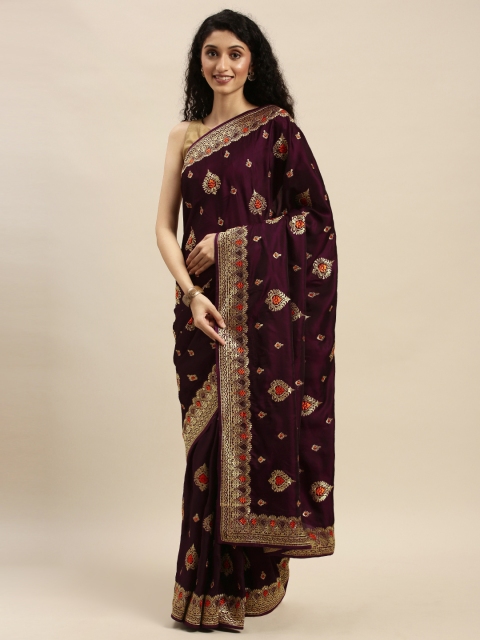 

Mitera Burgundy & Gold-Toned Poly Crepe Embroidered Saree