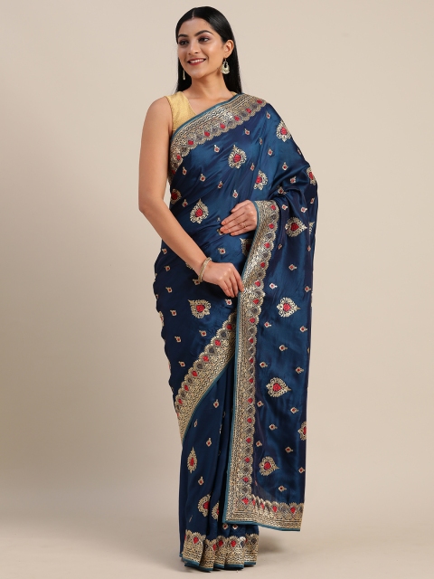 

Mitera Blue & Gold-Toned Poly Crepe Embroidered Saree