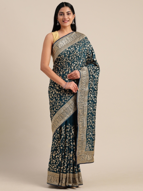 

Mitera Teal Blue & Gold-Toned Poly Georgette Embroidered Saree