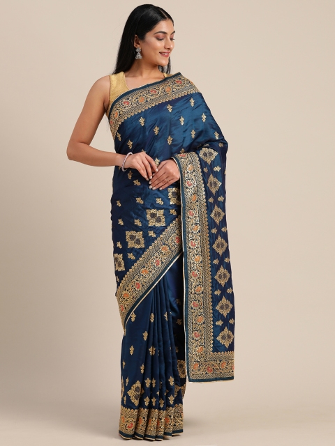 

Mitera Navy Blue & Gold-Toned Satin Embroidered Saree