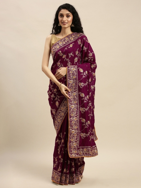 

Mitera Purple & Gold-Toned Poly Georgette Embroidered Saree