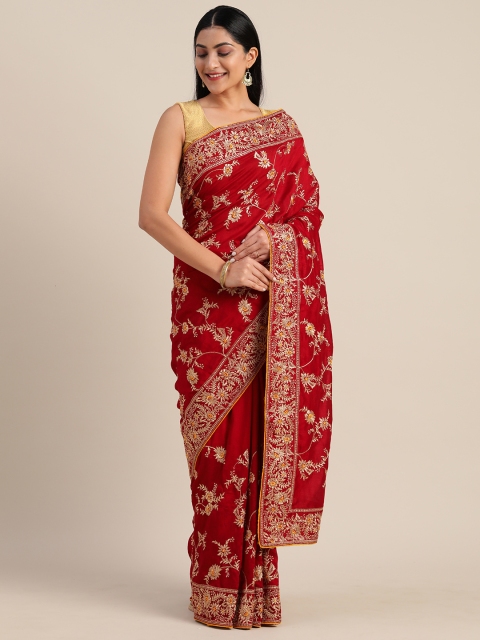 

Mitera Red & Gold-Toned Poly Georgette Embroidered Saree