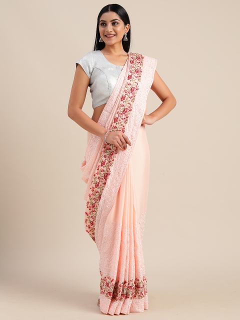 

Mitera Pink Embroidered Poly Georgette Saree with Embellishments