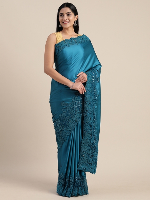 

Mitera Teal Blue Solid Satin Embroidered Border Party Saree