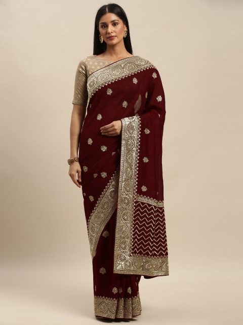 

Mitera Maroon Embroidered Poly Chiffon Saree