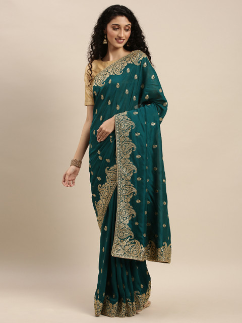 

Mitera Teal Blue & Golden Poly Georgette Embroidered Saree