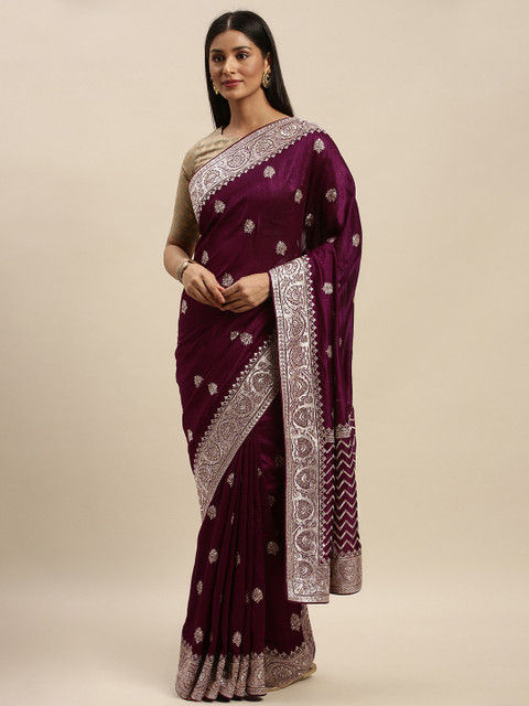 

Mitera Purple Embroidered Poly Chiffon Saree
