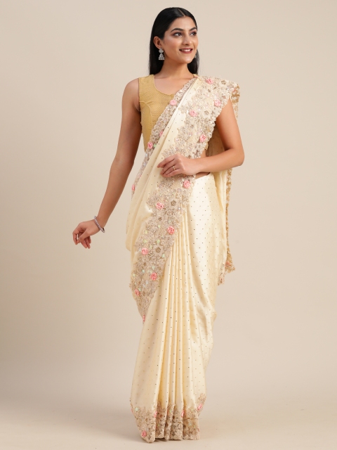 

Mitera Cream-Coloured & Golden Satin Embellished Saree