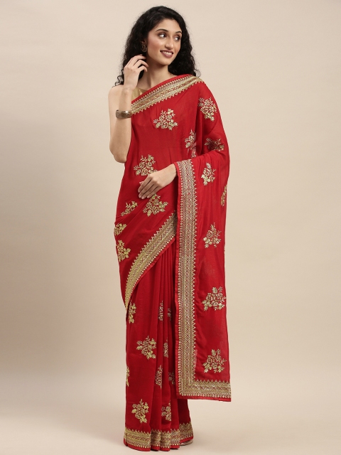 

Mitera Red Embroidered Poly Georgette Saree