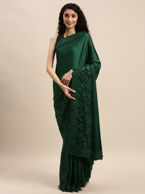 

Mitera Green Solid Satin Saree with Lace Inserts