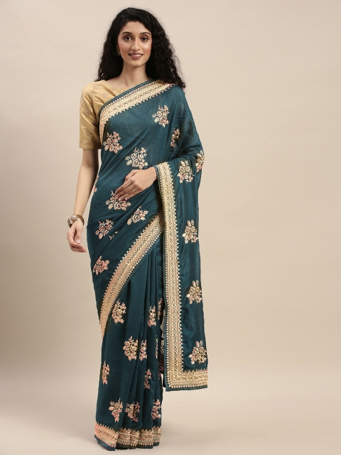 

Mitera Teal Blue Embroidered Poly Georgette Celebrity Saree