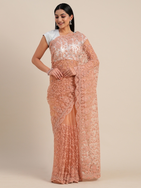 

Mitera Peach-Coloured Embroidered Net Saree