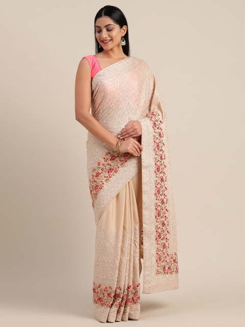 

Mitera Beige & Pink Poly Georgette Embroidered Saree