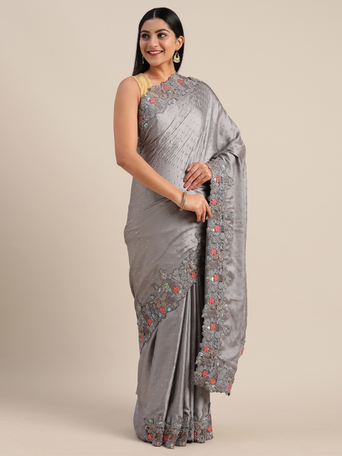 

Mitera Grey Embroidered & Embellished Satin Saree
