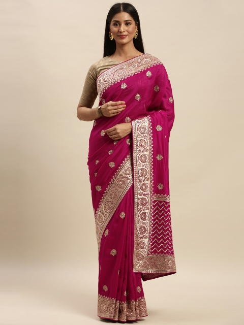 

Mitera Pink & Golden Poly Chiffon Embroidered Saree