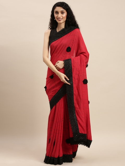 

Mitera Red & Black Poly Chiffon Embroidered Saree with Embellishments