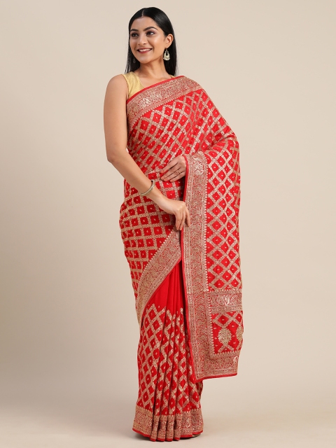 

Mitera Red & Gold-Toned Poly Silk Embroidered Saree