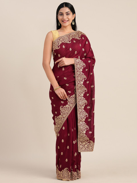 

Mitera Purple & Gold-Toned Poly Georgette Embroidered Saree