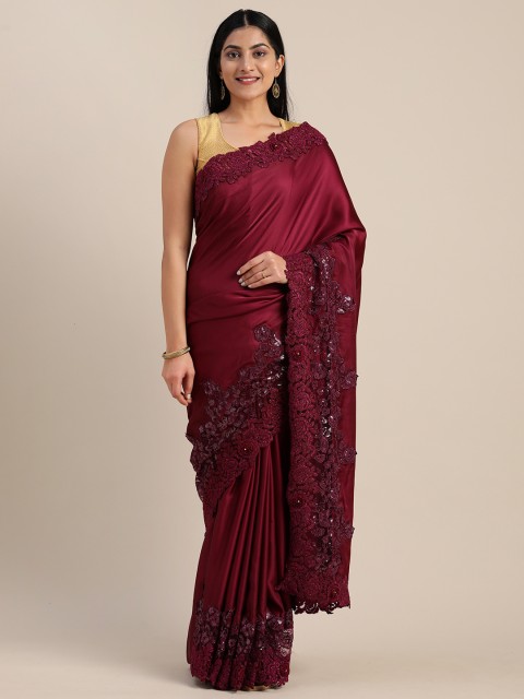 

Mitera Maroon Solid Satin Embroidered Border Party Saree