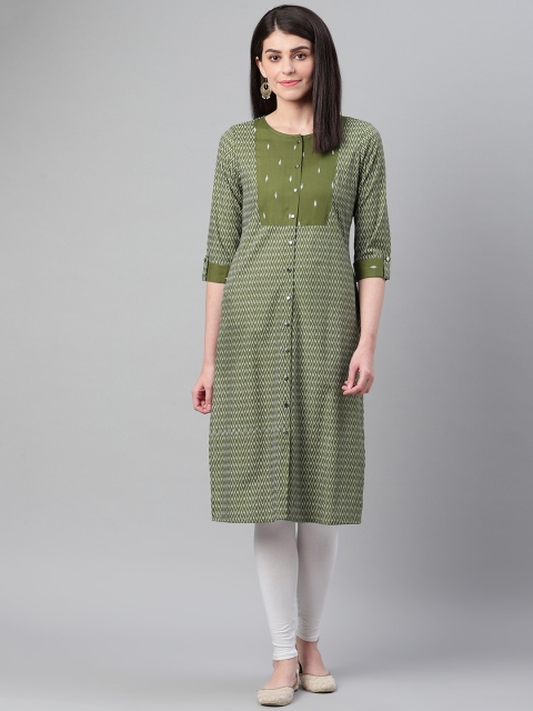 

clorals Women Green & Off-White Printed Straight Kurta