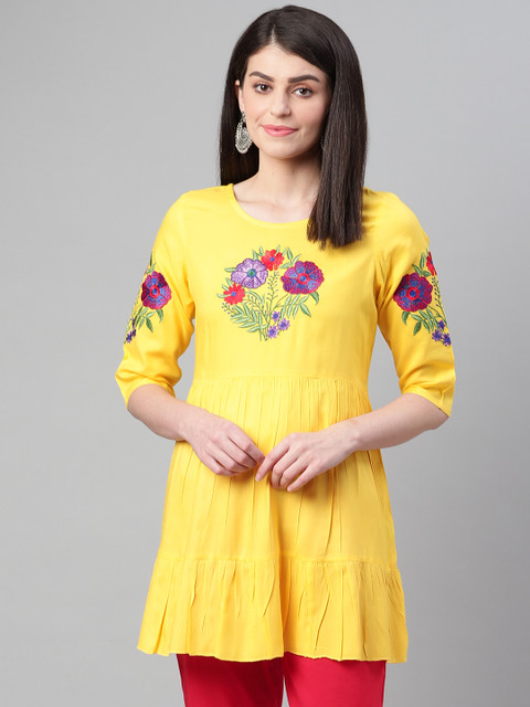 

clorals Women Yellow Embroidered Detail Tunic