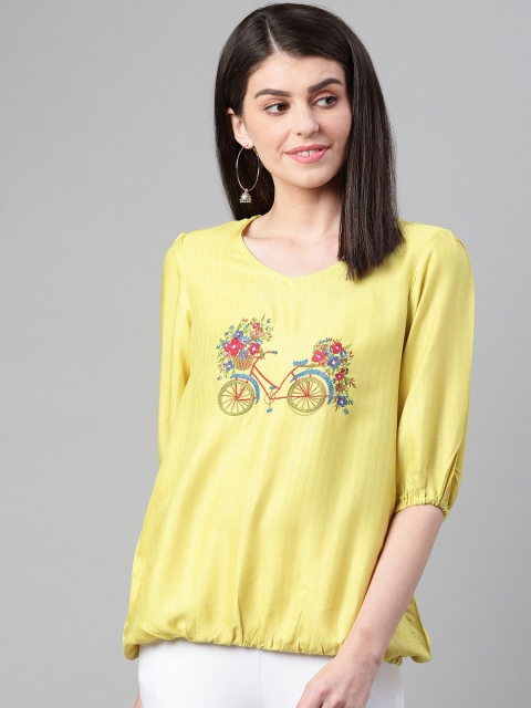 

clorals Women Lime Green Dobby Design Blouson Top