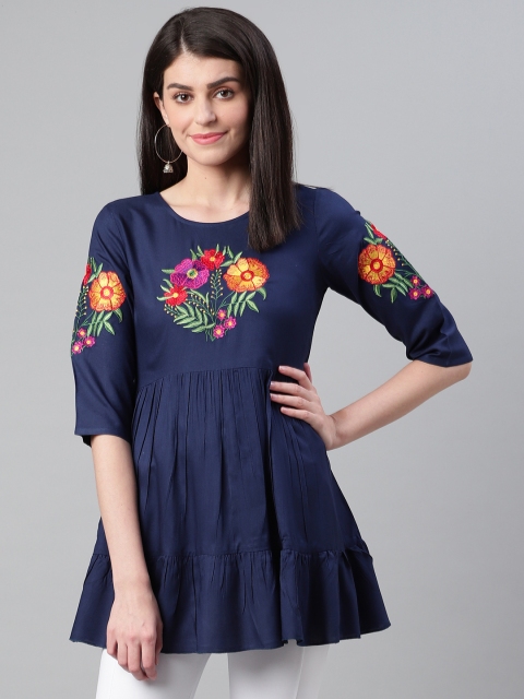 

clorals Women Navy Blue Embroidered A-Line Tunic