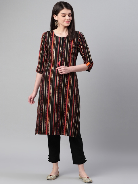 

clorals Women Black & Orange Striped Straight Kurta