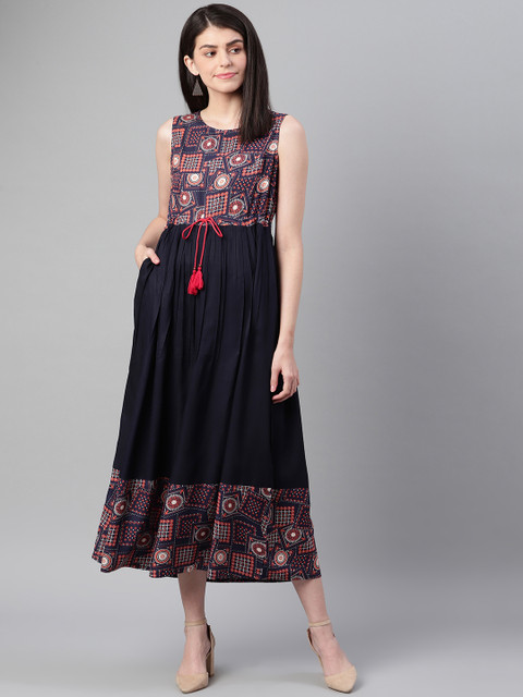 

clorals Women Navy Blue & Orange Printed Maxi Dress