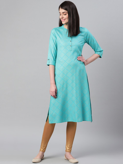 

clorals Women Blue & Golden Printed Straight Kurta