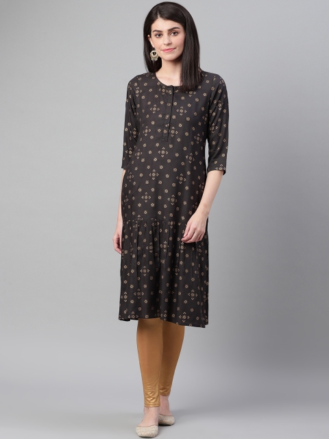 

clorals Women Charcoal Grey & Golden Printed A-Line Kurta