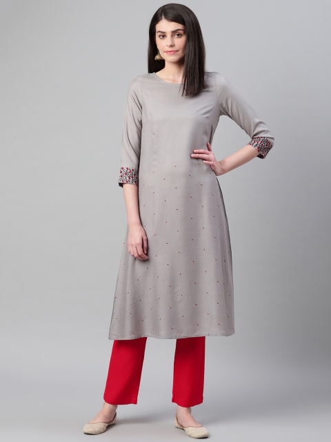 

clorals Women Grey & Red Embroidered Kurta with Trousers