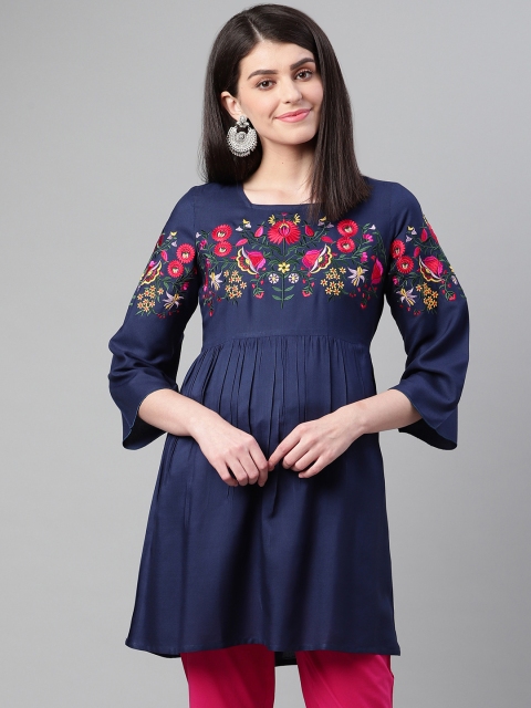 

clorals Women Navy Blue & Pink Embroidered A-Line Tunic