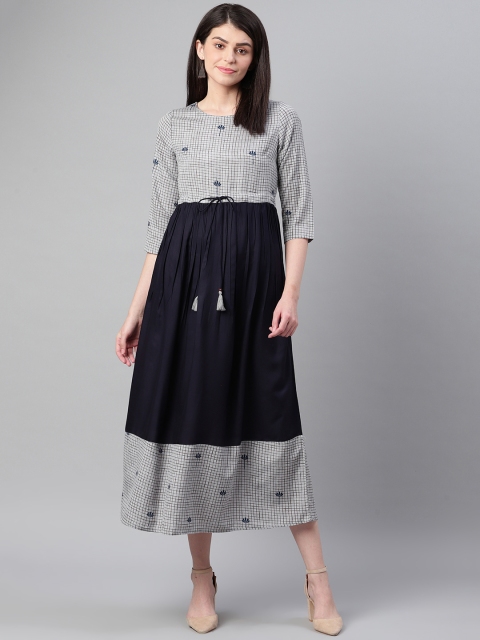 

clorals Women Navy Blue & Grey Checked A-Line Dress