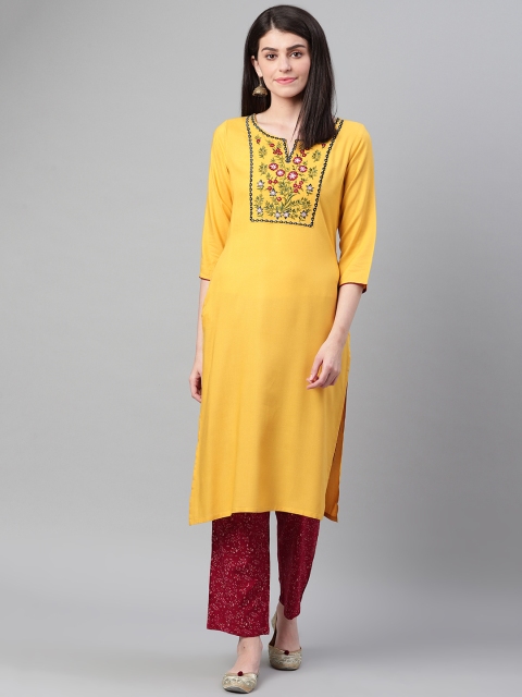 

clorals Women Mustard Yellow & Maroon Yoke Design Kurta with Trousers