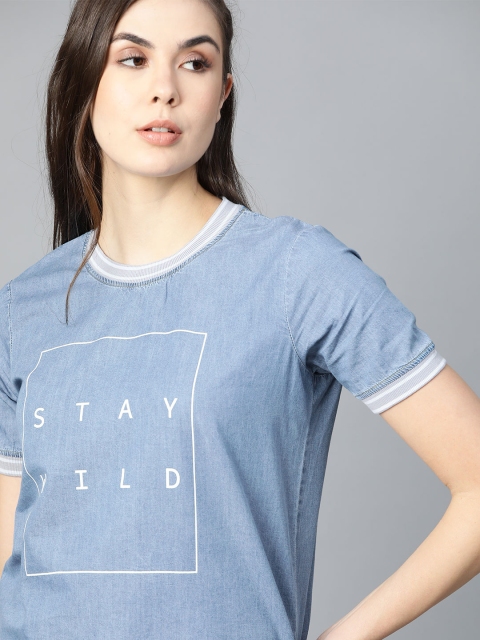 

Roadster Women Blue Pure Cotton Typography Printed Denim Pure Cotton T-shirt