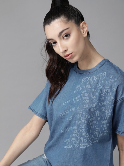 

Roadster Women Blue Printed Cotton Round Neck Denim T-shirt