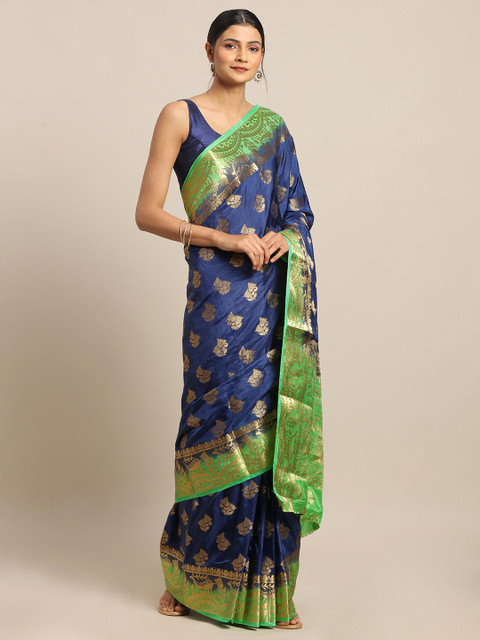 

Mitera Navy Blue & Green Silk Blend Woven Design Saree
