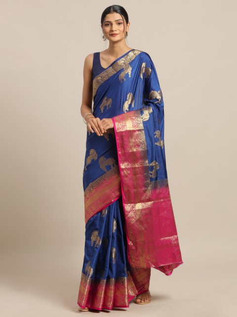 

Mitera Navy Blue & Pink Silk Blend Woven Design Saree