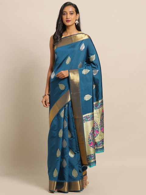 

Mitera Teal & Gold-Toned Silk Blend Woven Design Saree